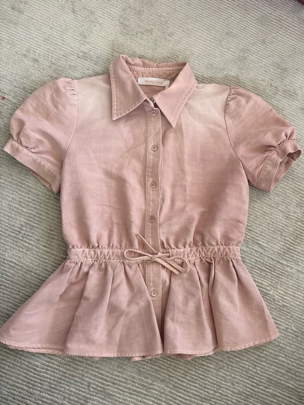 See By Chloé Blush Pink Button-Front Peplum Blouse